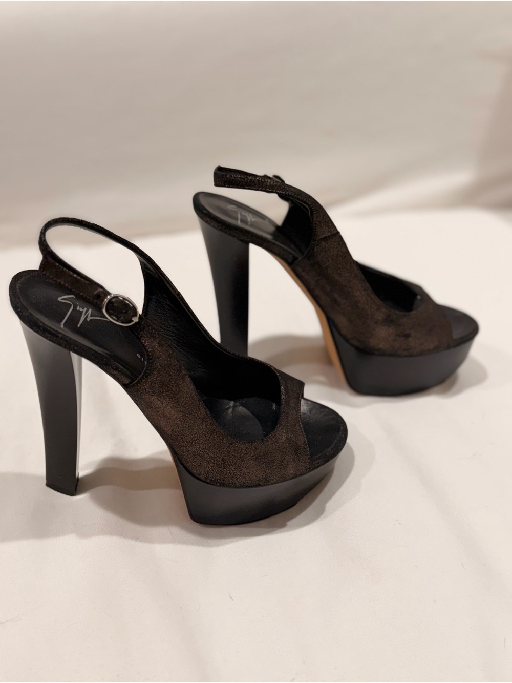 Giuseppe Zanotti Dark Brown Suede Platform Slingback Heels